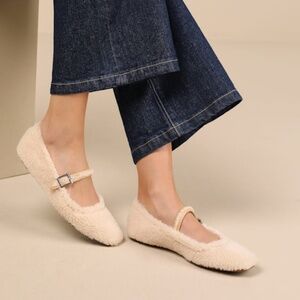 Lulus Eastan Natural Shearling Buckle Ballet Flats Beige - Size 9
